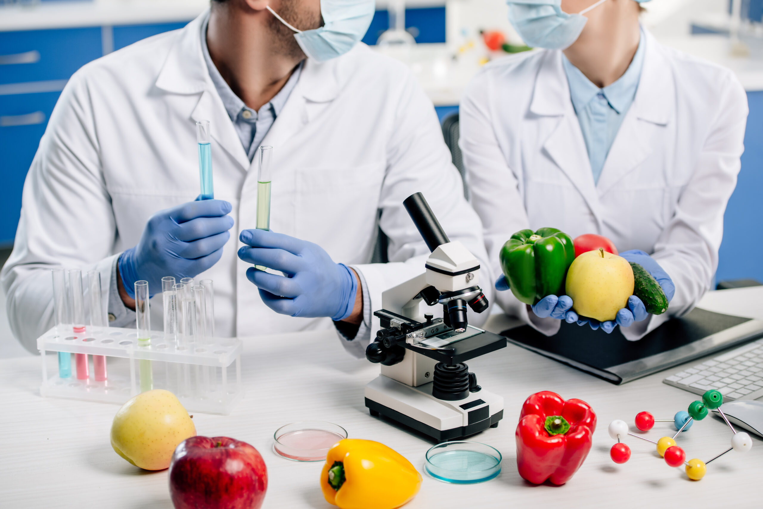 cropped view of molecular nutritionists holding test tubes and food cropped view of molecular nutritionists holding test tubes and food