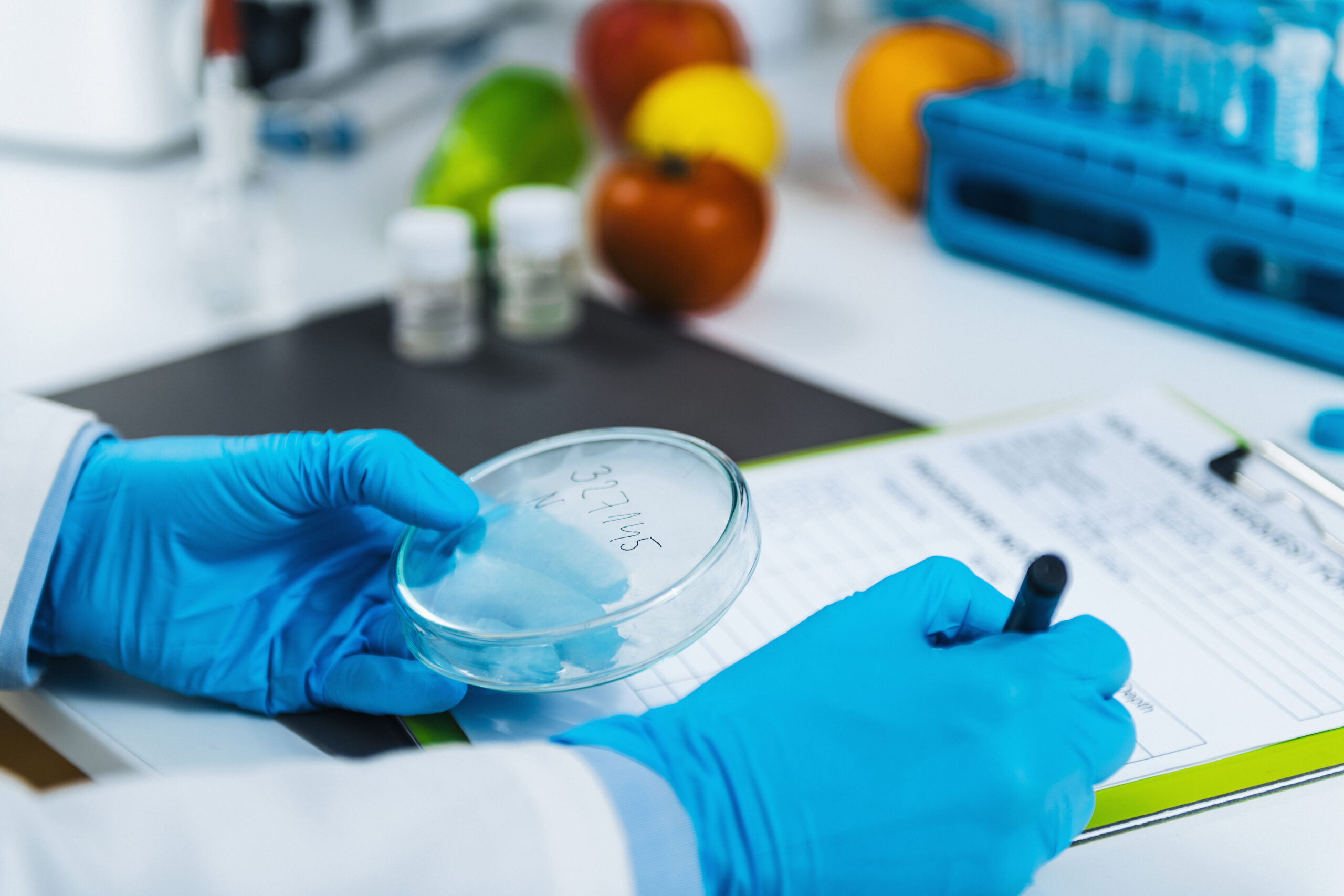 Food Quality Assessment in Microbiology Laboratory Food Quality Assessment in Microbiology Laboratory, microbiologist filling forms, following standard operating procedure