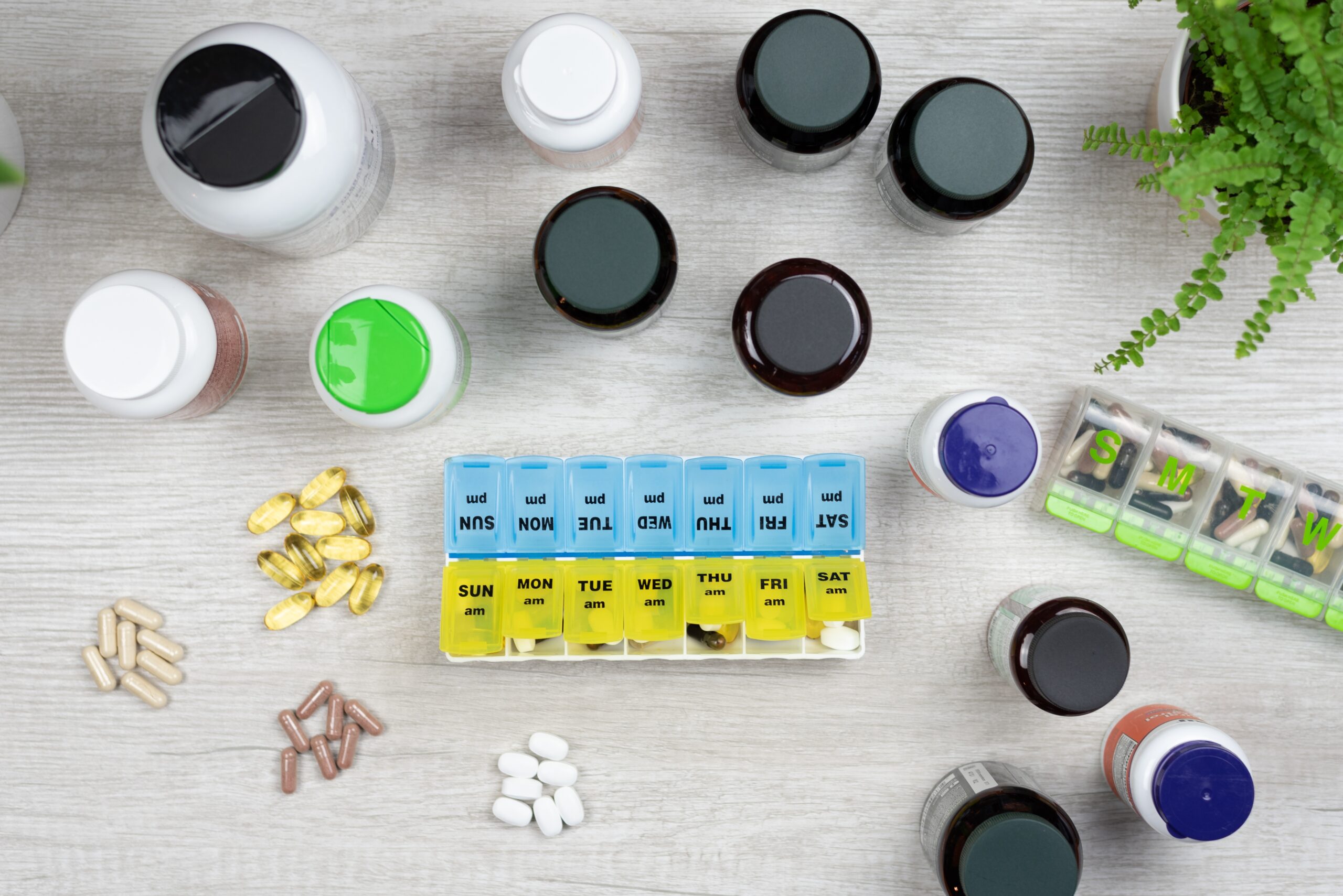 Top view of a variety of immune boosting natural supplements and Flat lay with a variety of natural herbal supplements and vitamins for good health